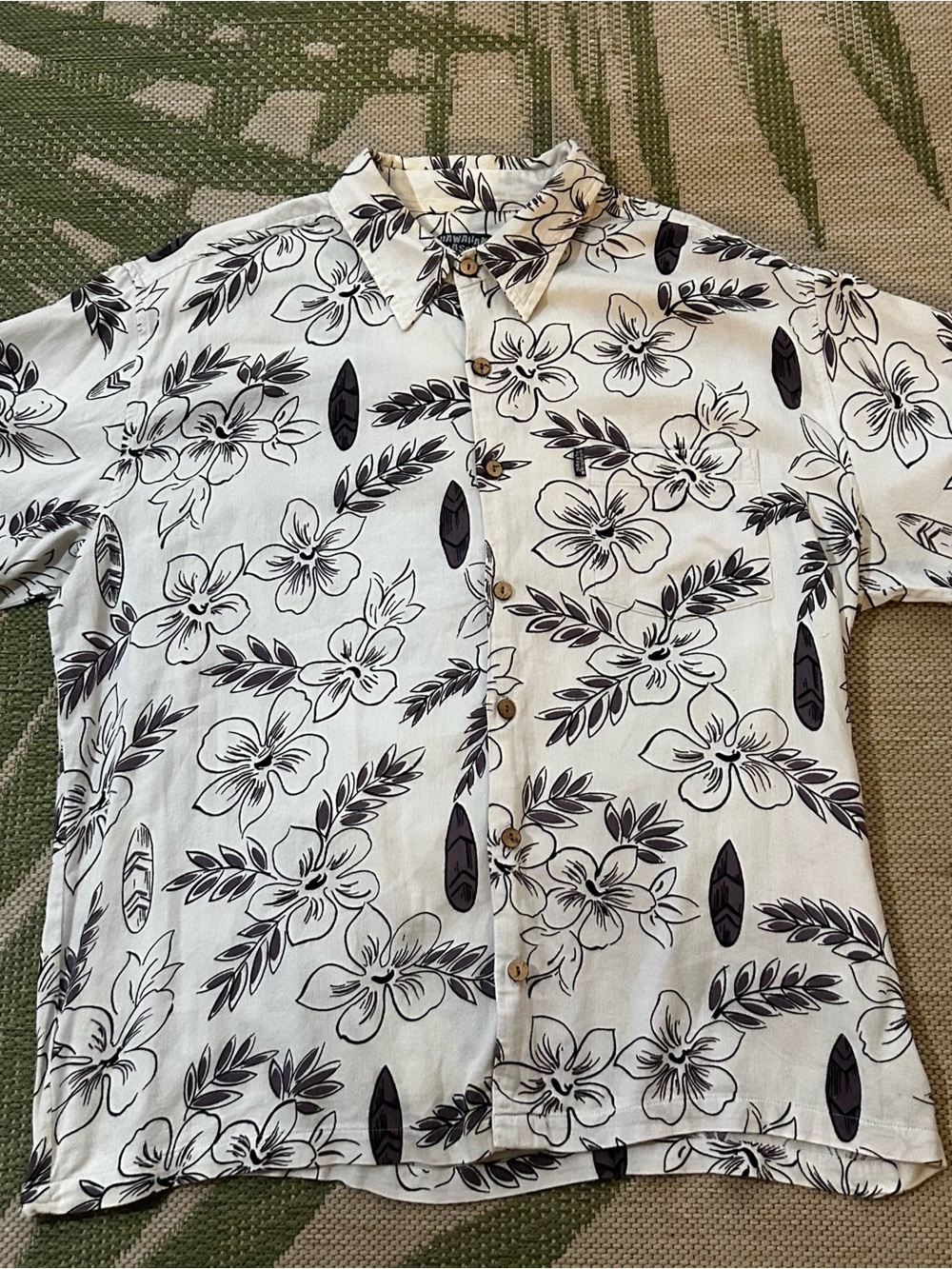 Hawaiian Aloha Shirt - White with Black & Brown Tropical Print XL